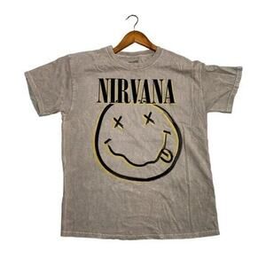 Nirvana Vintage Style Smile Back Short Sleeve Unisex T Shirt Crew Neck L Brown